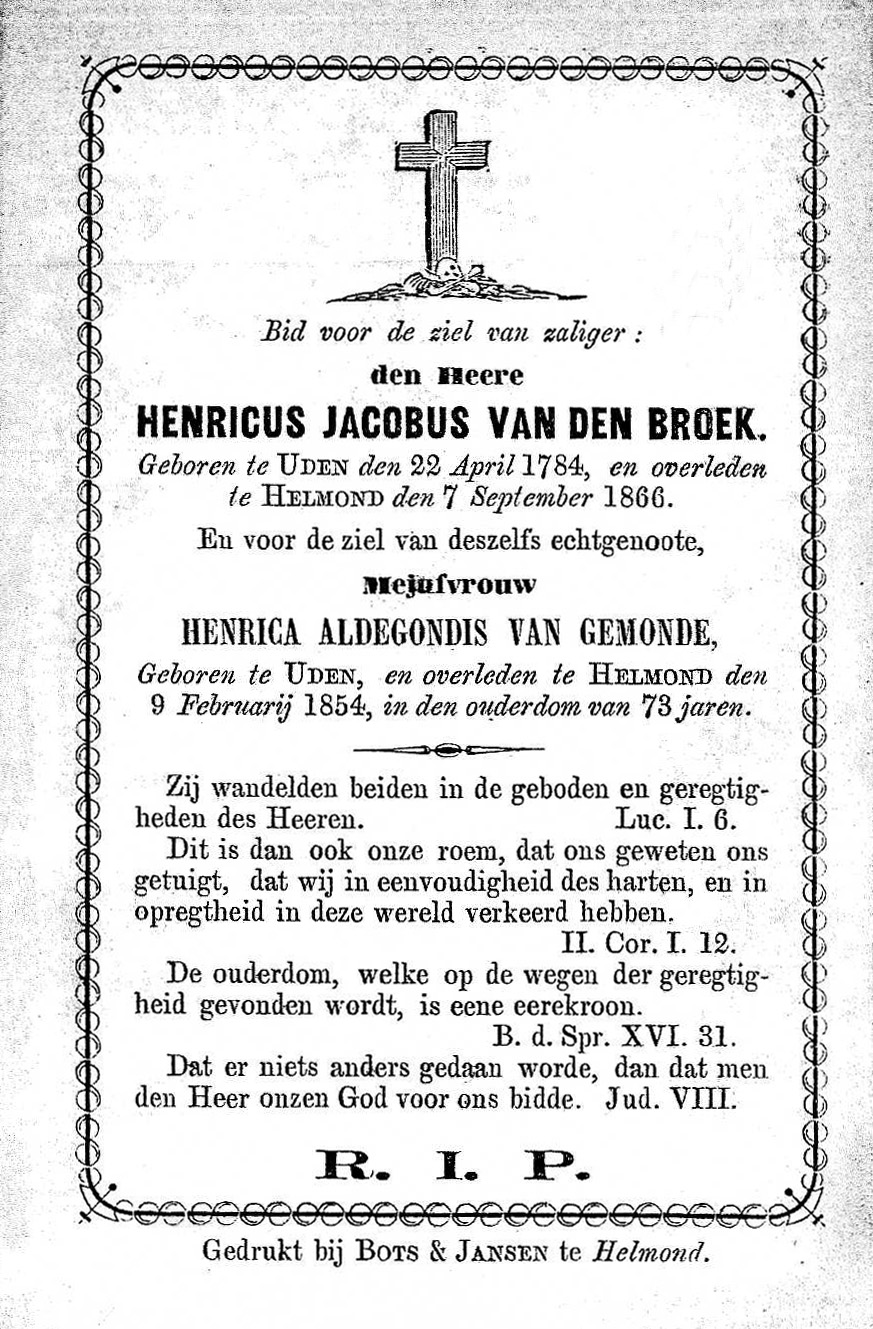 Bidprentje van Henricus van den Broek & Henrica Aldegonda van Gemond